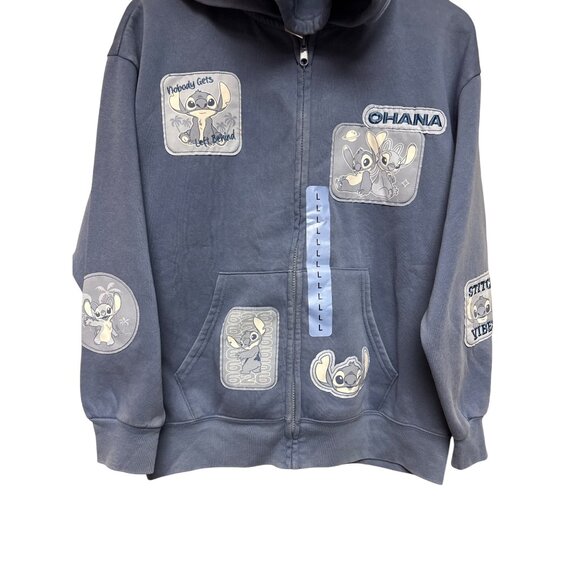 Disney Lilo Stitch Women's Hoodie Full Zip Patch Blue Hood Sweatshirt Large NEW - Picture 2 of 8